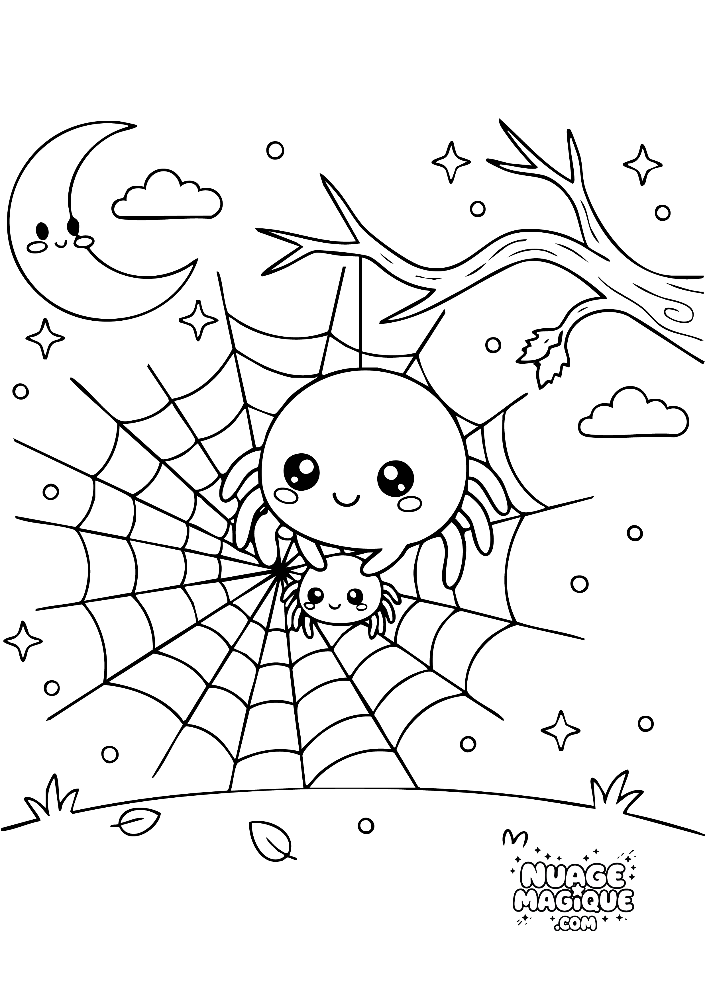 Coloriage Halloween Araignée sur sa toile à imprimer ou à colorier en ligne