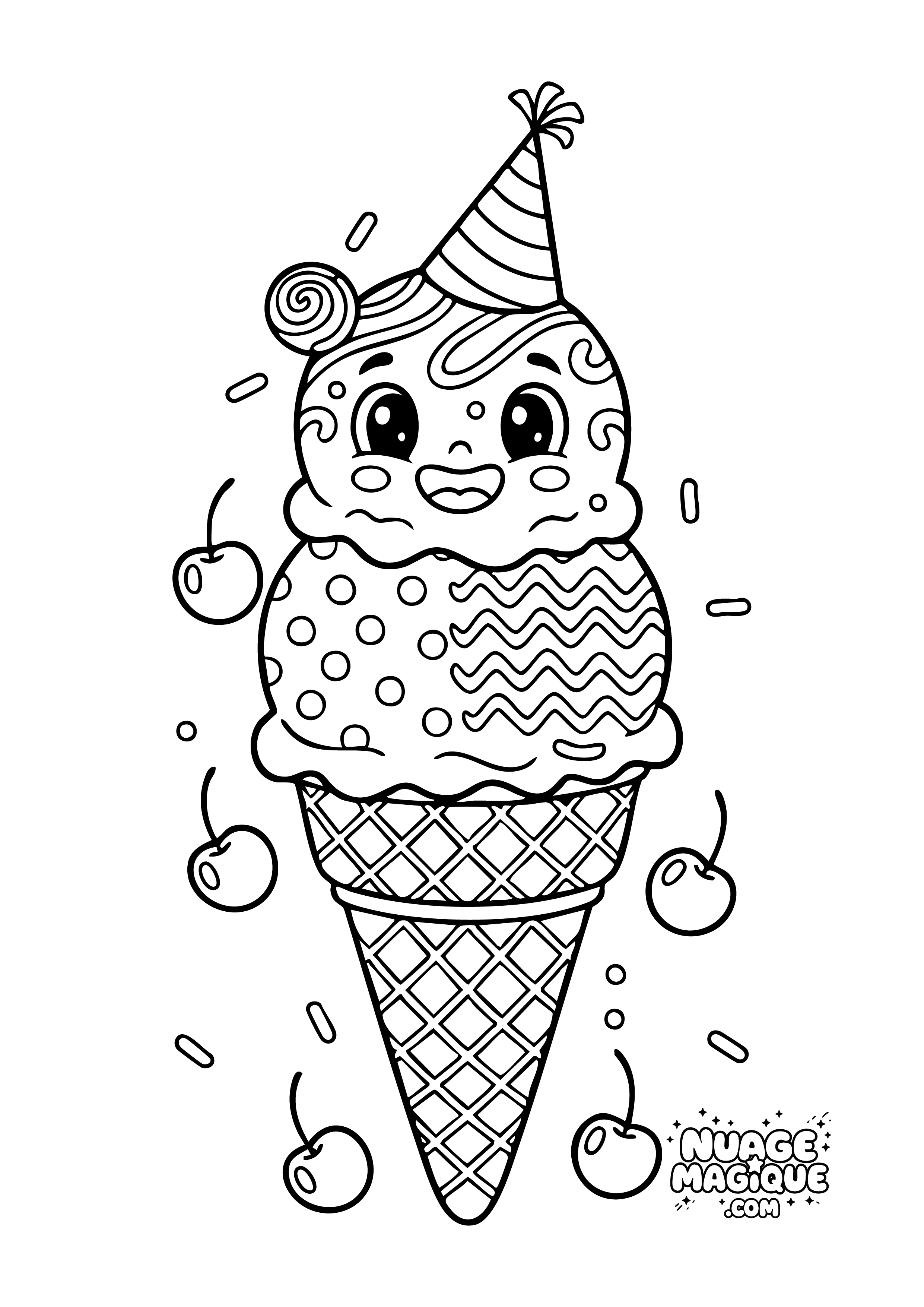 Coloriage Glaces Kawaii Cornet en fête à imprimer ou à colorier en ligne