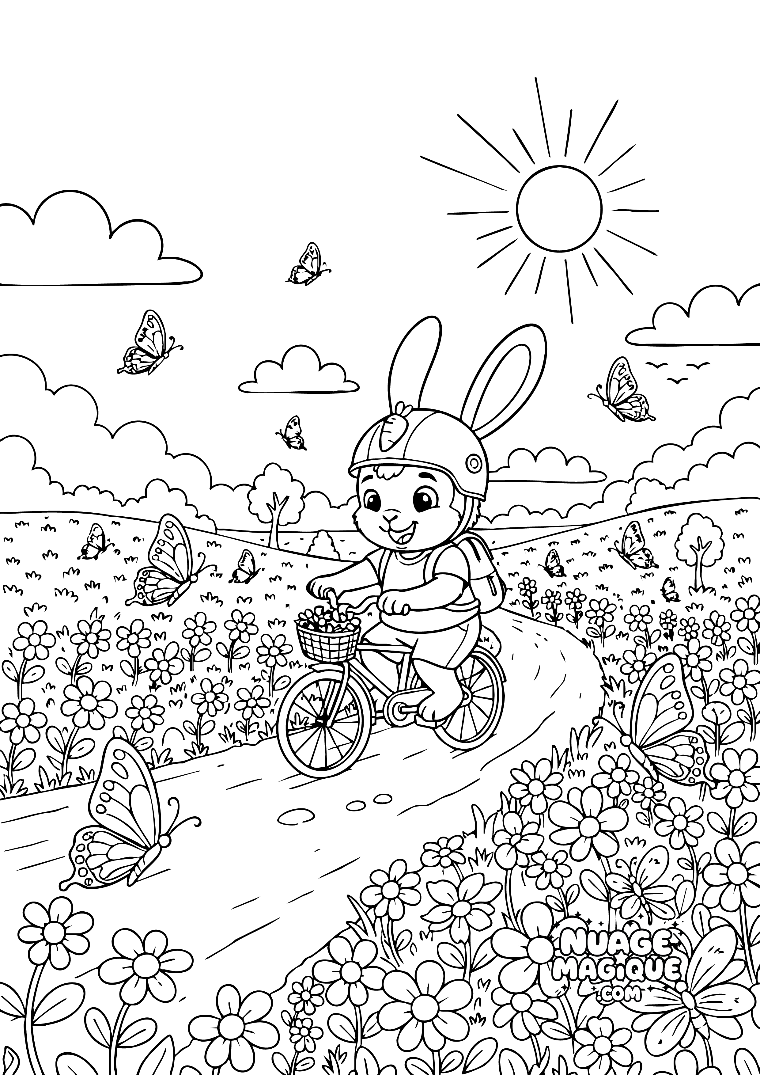 Coloriage Objectif Carottes, le lapin à velo Escapade Florale à imprimer ou à colorier en ligne
