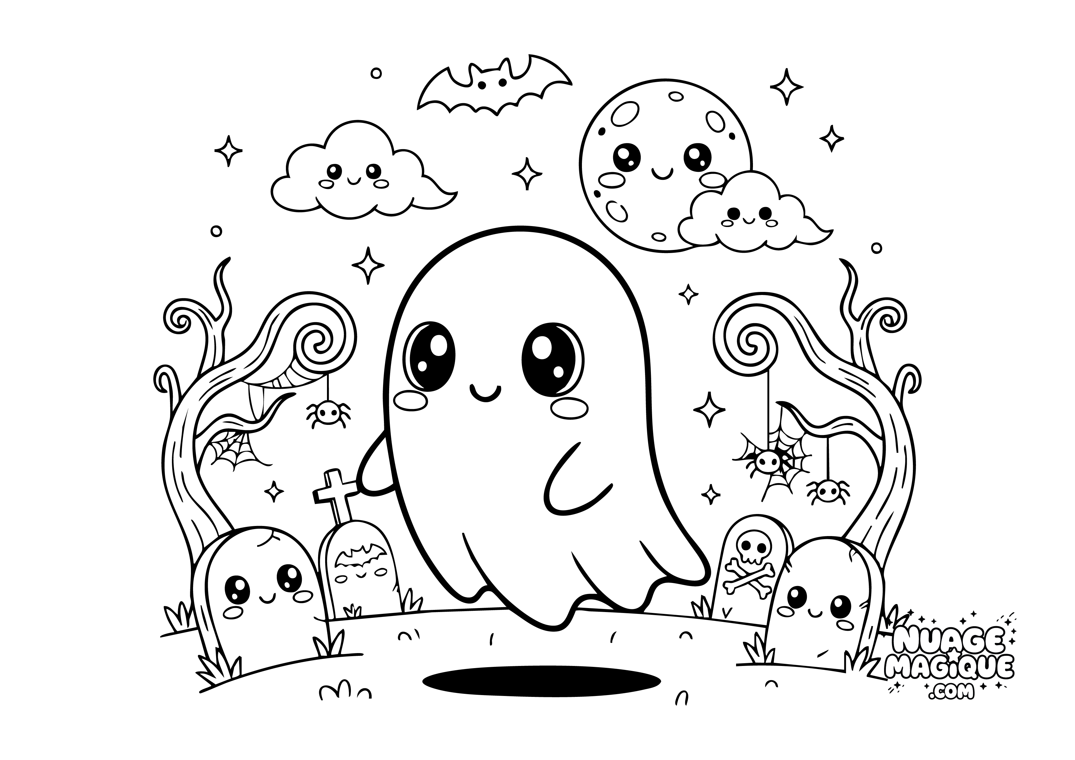 Coloriage Halloween Fantôme kawai au cimetière à imprimer ou à colorier en ligne