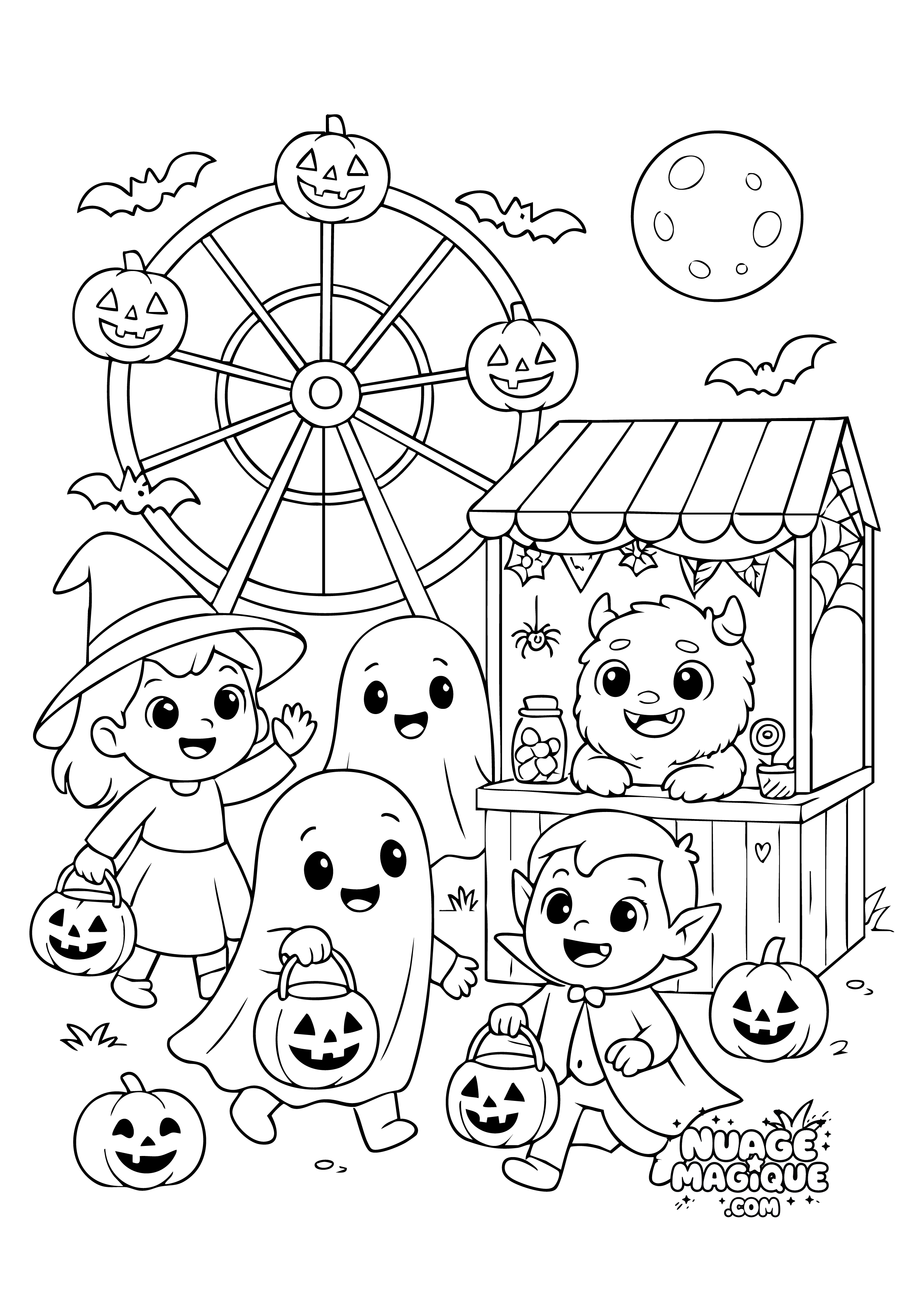Coloriage Halloween Fête foraine des petits monstres à imprimer ou à colorier en ligne