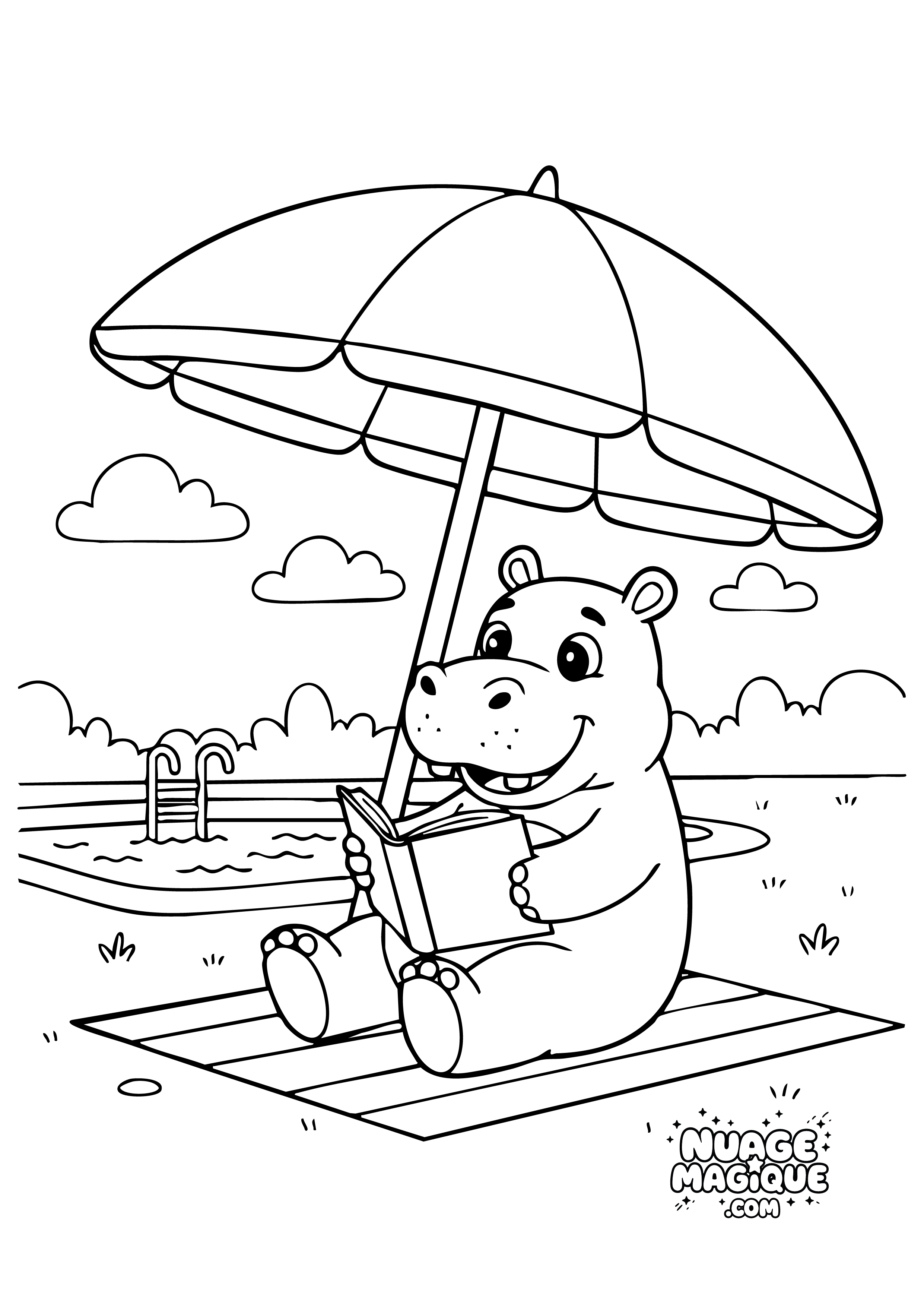 Coloriage Hippopotames au camping Lecture sous le soleil à imprimer ou à colorier en ligne