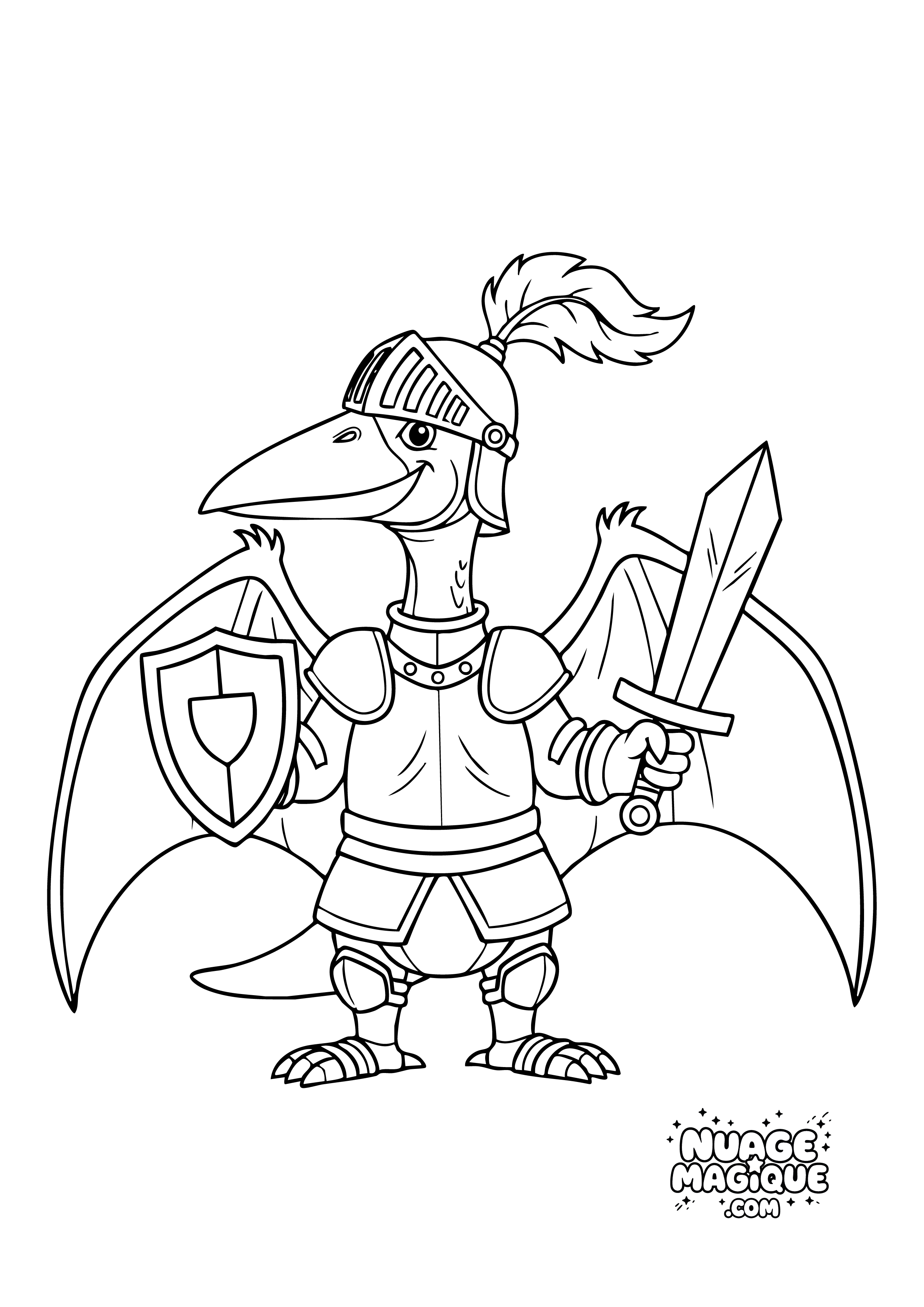 Coloriage Dinosaures déguisés en chevalier Pteranodon chevalier à imprimer ou à colorier en ligne