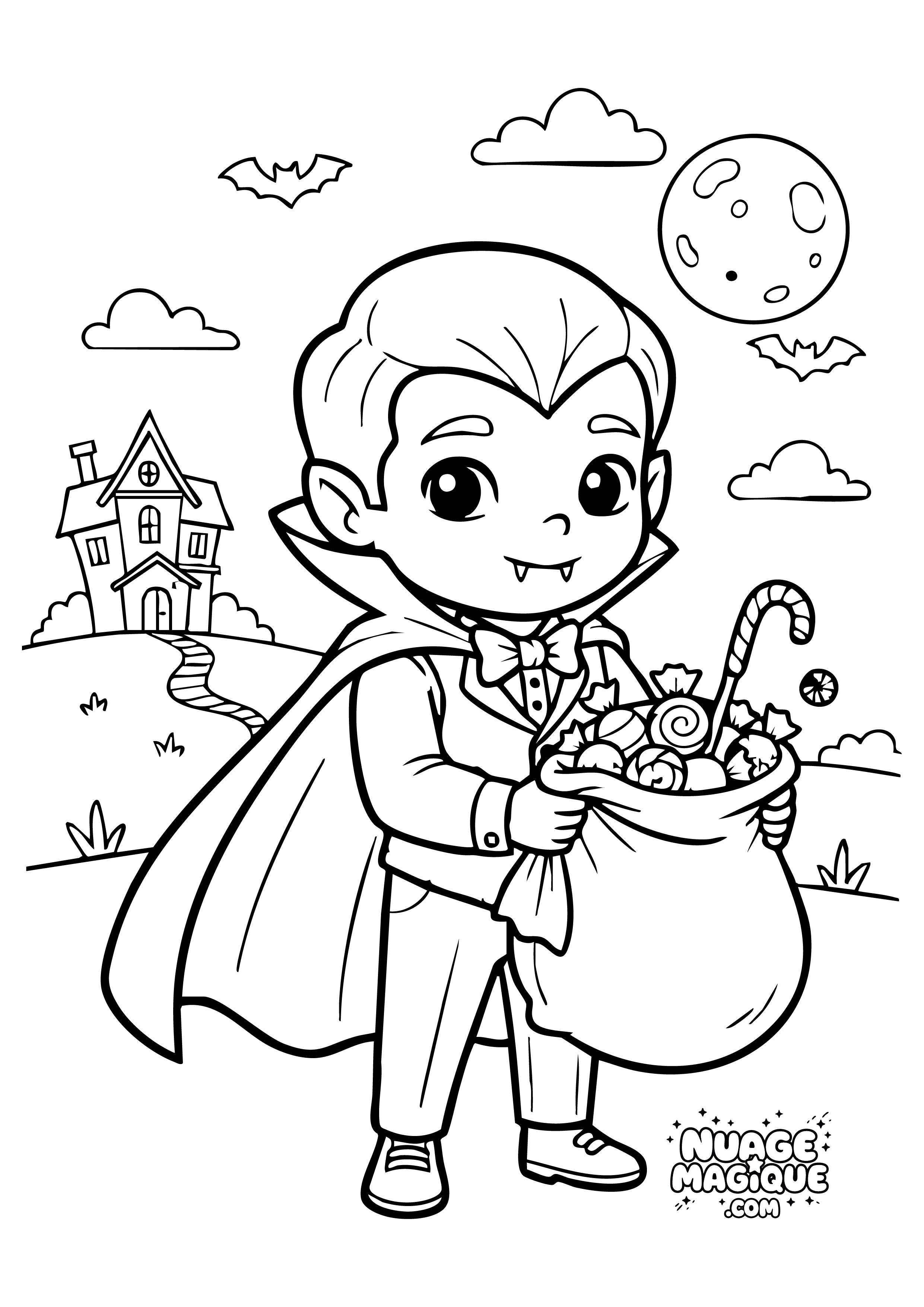 Coloriage Halloween Vampire mangeur de bonbons à imprimer ou à colorier en ligne